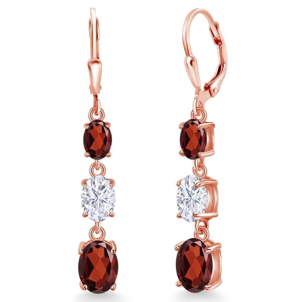 18K Rose Gold with 5.94 Cttw 3 Stone Garnet and White Moissanite Drop Earrings